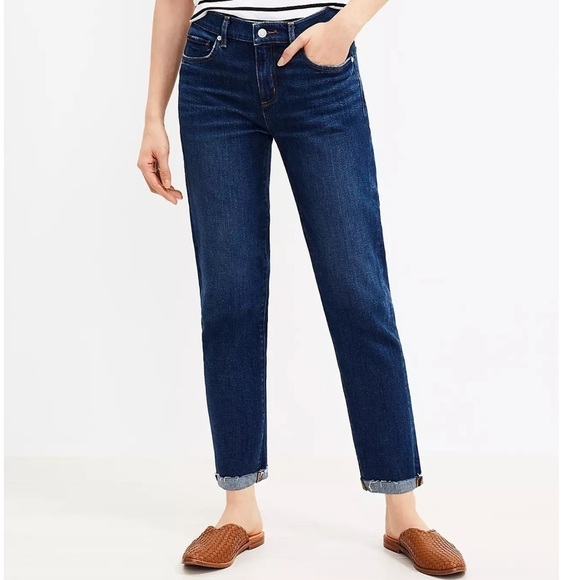 Loft Jeans Girlfriend Petite Super Soft Mid Rise Raw Hem Relaxed Fit Dark Indigo - Picture 1 of 8